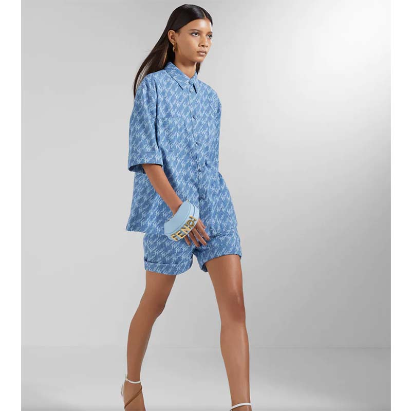 Fendi Women FF Nano Fendigraphy Light Blue Leather Charm