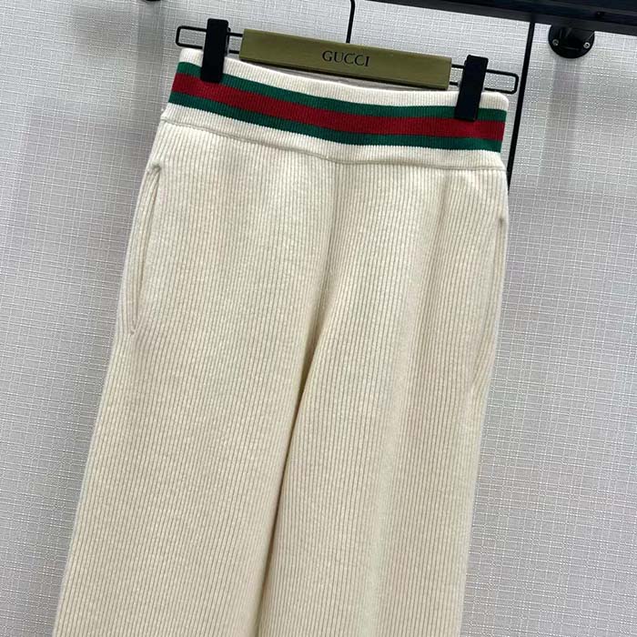 Gucci Women GG Rib Wool Pant Web Elastic Waist Drawstring Elastic Leg Cuffs
