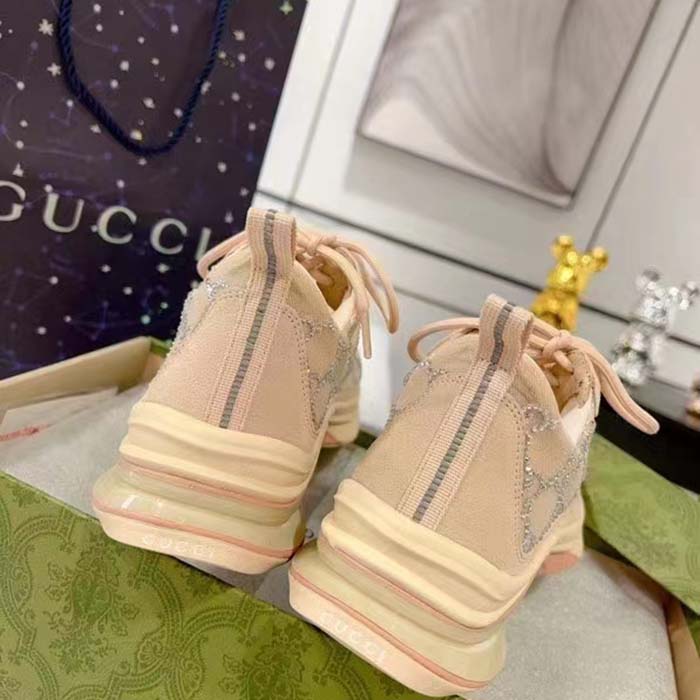 Gucci Women GG Gucci Run GG Crystal Mesh Sneaker Pink Suede Mid 6 CM Heel