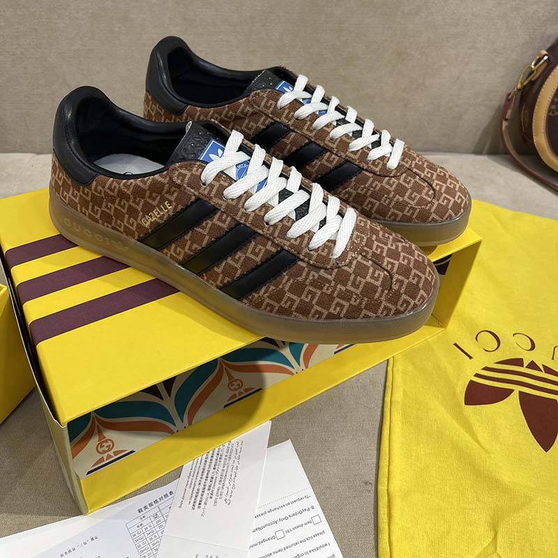 Gucci Unisex Adidas x Gucci Gazelle Sneaker Brown Black Square G Suede Leather Low Heel