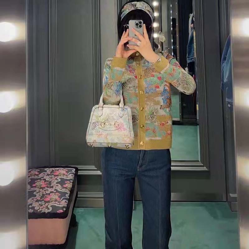 Gucci Women GG Tiger Jacquard Cardigan Gold Green Tiger Flower Extra Fine Lurex Crewneck