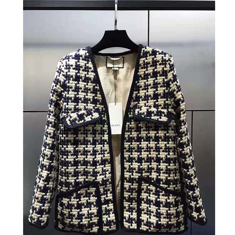 Gucci Women Houndstooth V-Neck Jacket