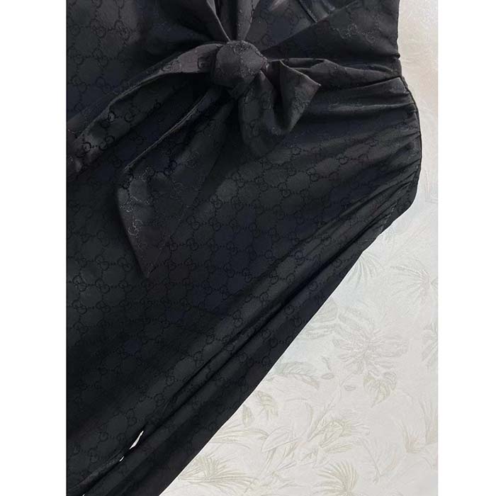 Gucci Women GG Silk Crêpe Shirt Neck Bow V Neck Gathered Yoke