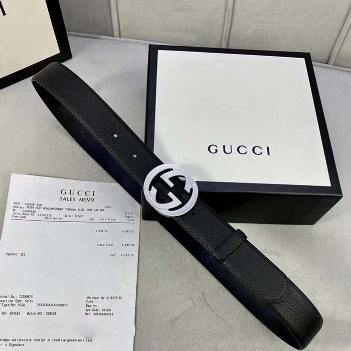 Gucci Unisex Blondie Belt Black Leather Round Interlocking G Buckle 3 CM Width