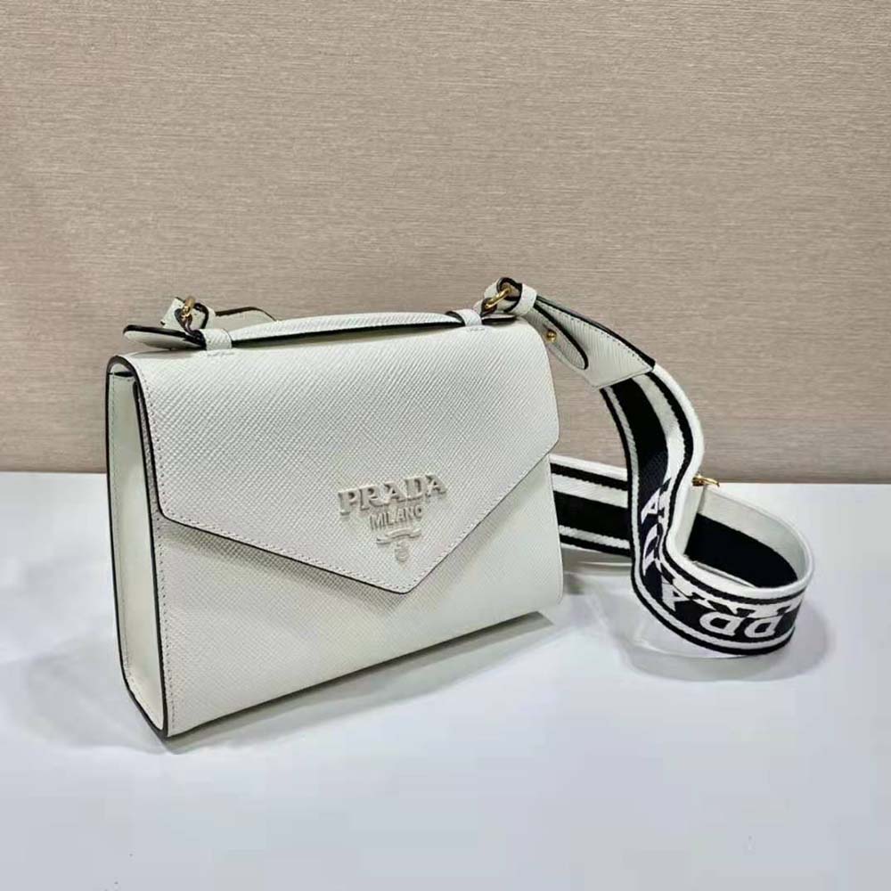 Prada Women Monochrome Saffiano and Leather Bag-White