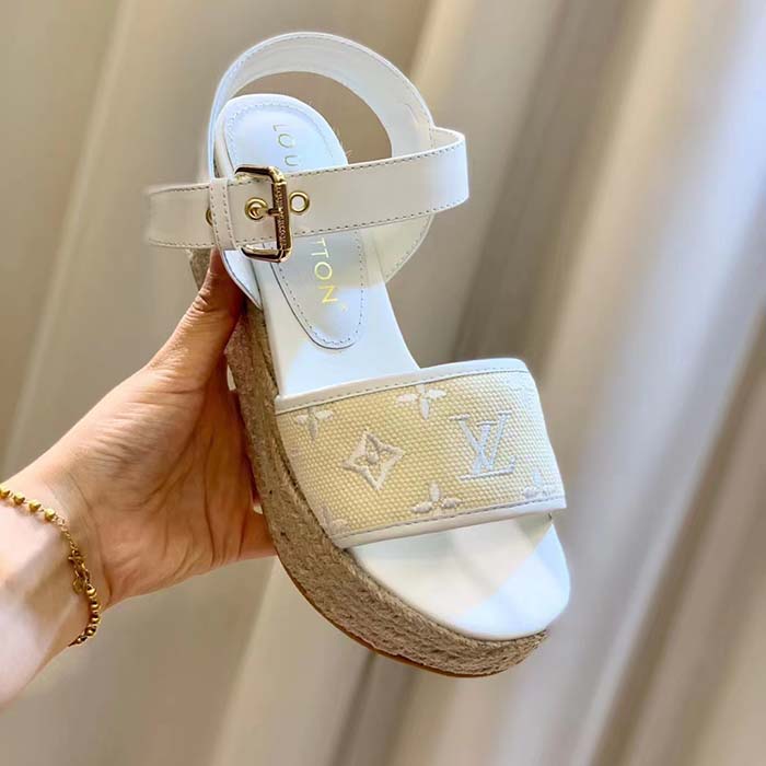 Louis Vuitton LV Women Starboard Wedge Sandal White Monogram-Embroidered Cotton Rope Sole