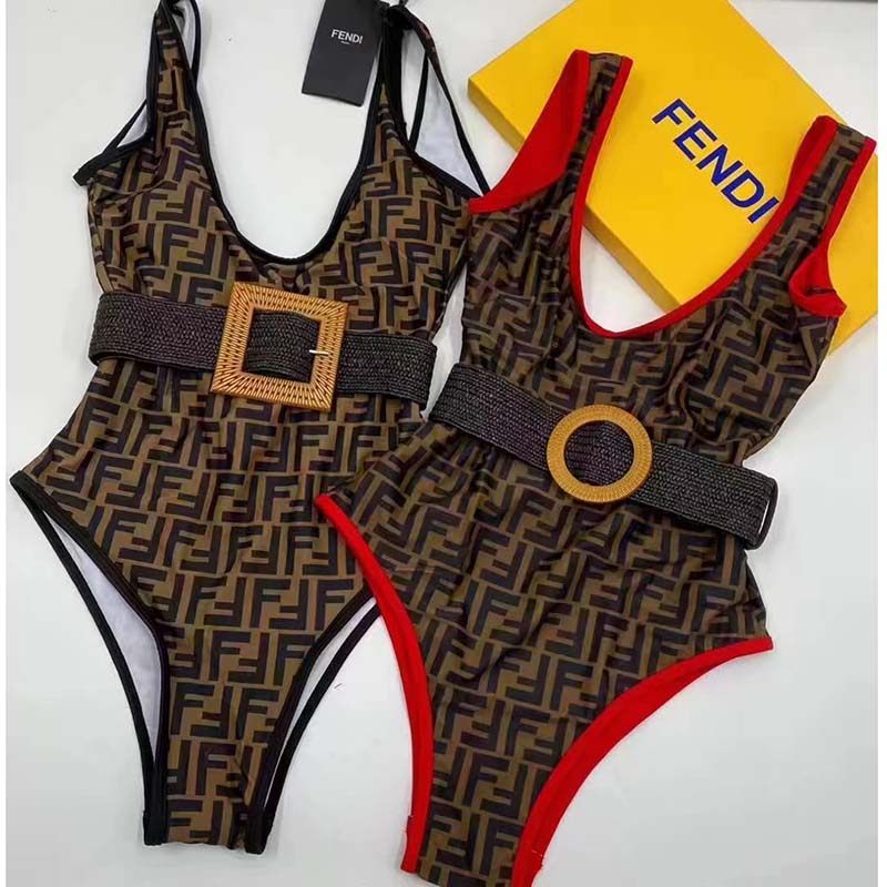 Fendi Women FF Swimsuit Brown Red Lycra Swimsuit