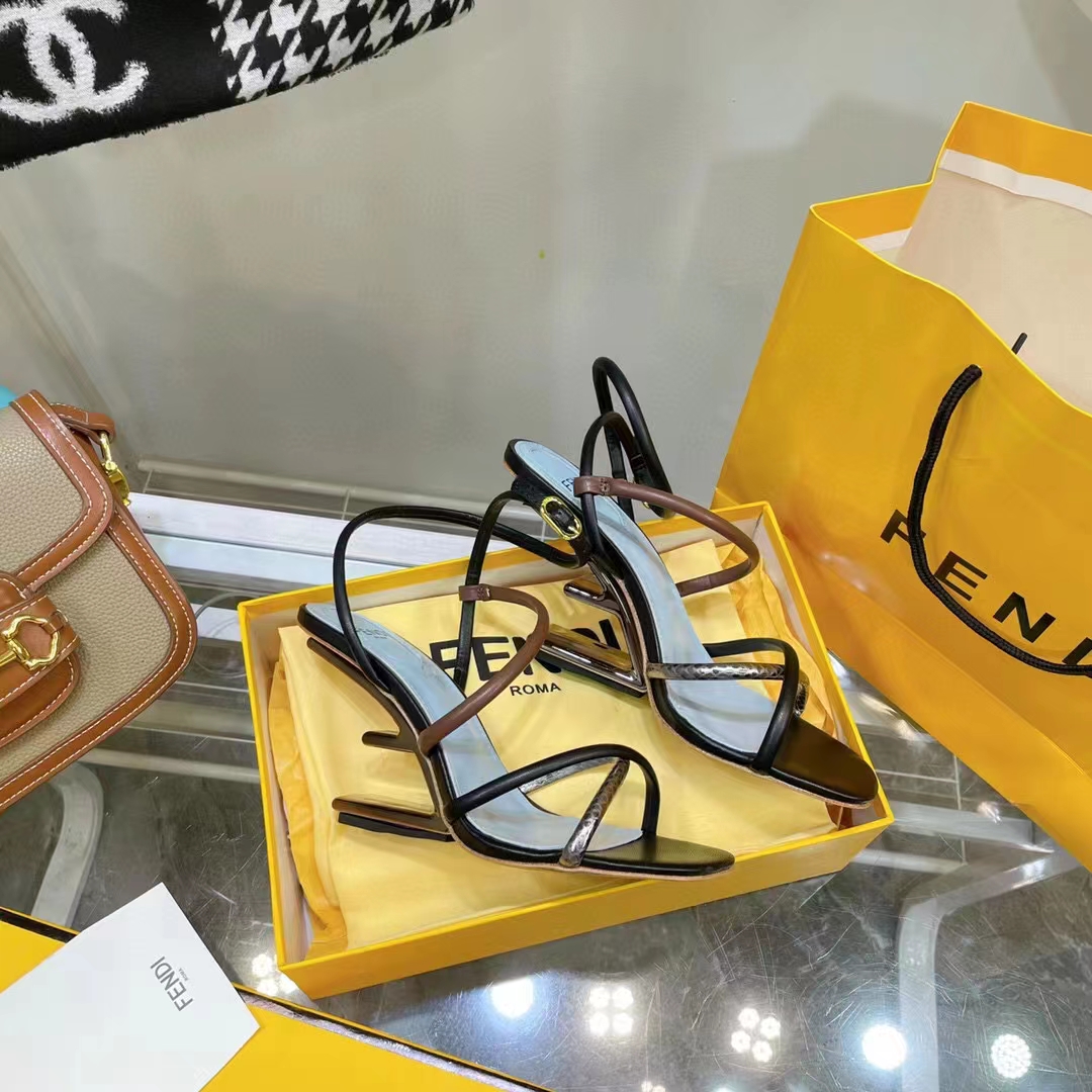 Fendi Women FF First Brown Nappa Leather High-Heeled Sandals 9.5 cm Heel