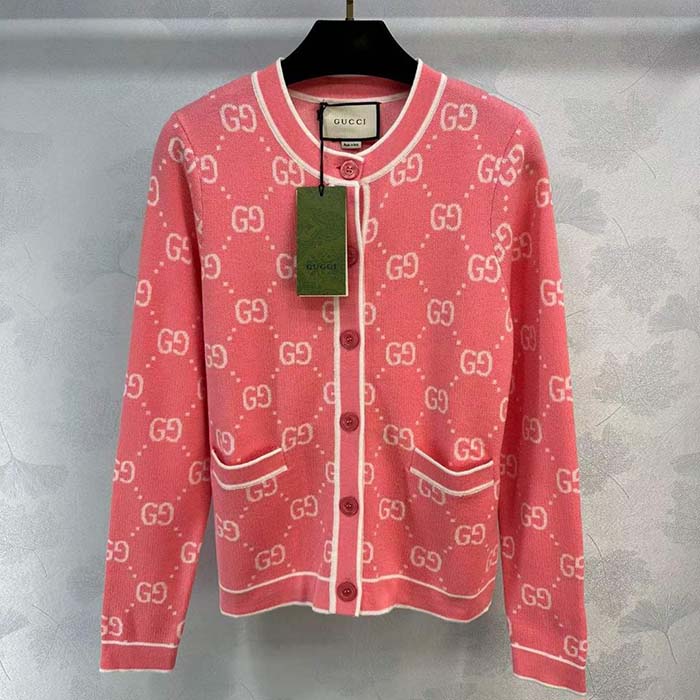 Gucci Women GG Cotton Jacquard Cardigan Pink Crewneck Long Sleeves