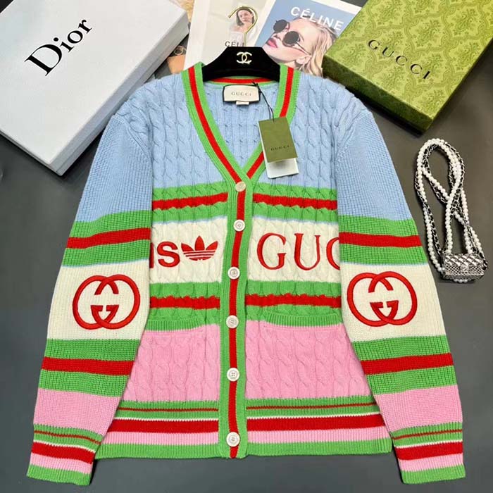Gucci Men GG Adidas x Gucci Wool Cardigan Pink Blue Cable Stitch V-Neck