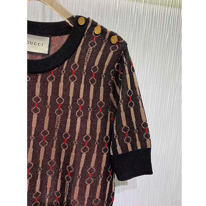 Gucci GG Women Lamé Horsebit Viscose Jacquard Top Crewneck Short Sleeves