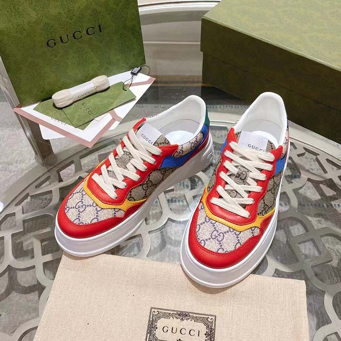 Gucci Unisex Sneaker Beige Blue GG Supreme Canvas Interlocking G 5.6 Cm Heel