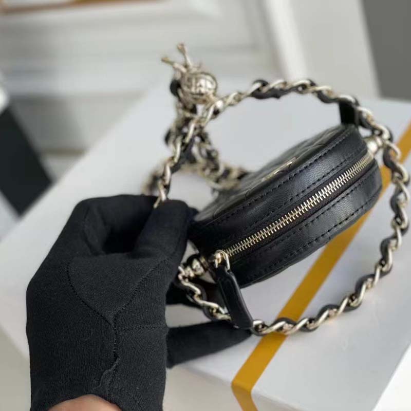 Chanel Women Chain Handbag Goatskin Leather Gold-Tone Metal Black