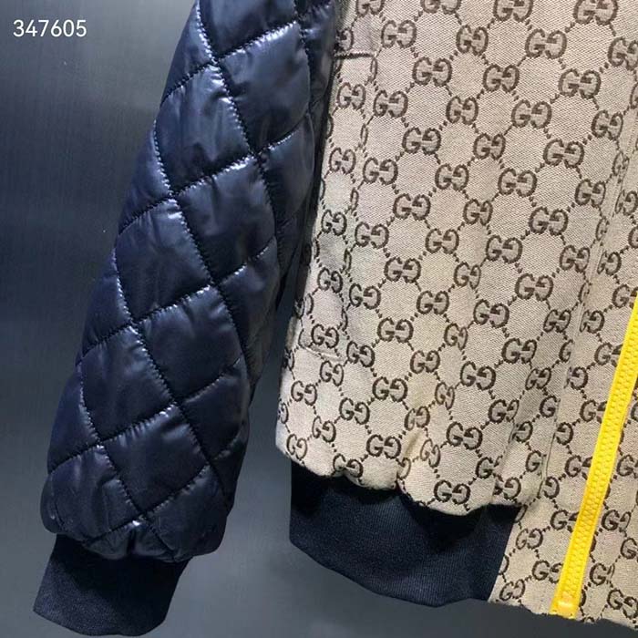 Gucci Women GG Canvas Nylon Zip Jacket Beige Ebony Black Quilted High Neck