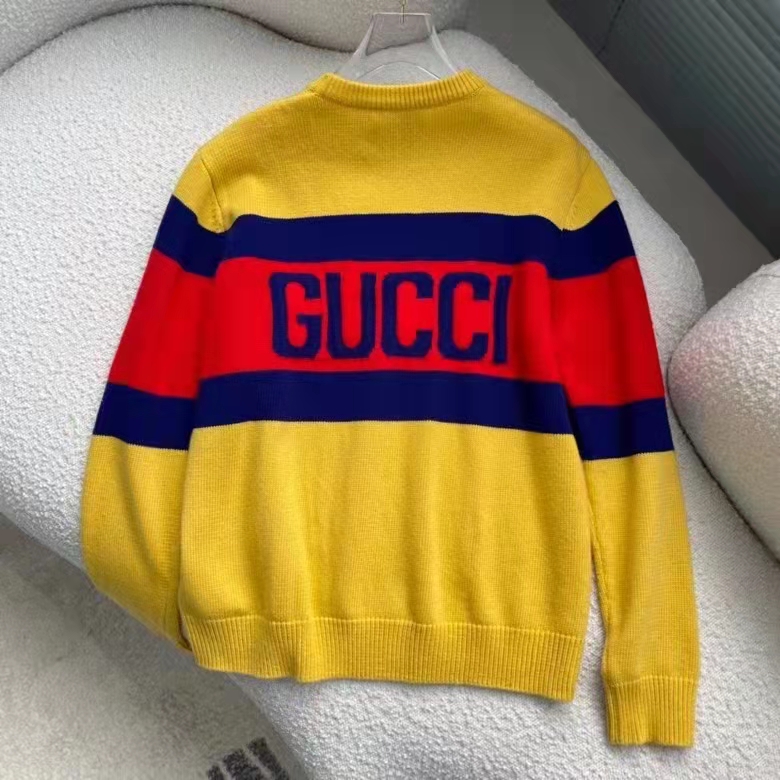Gucci Women Gucci 100 Wool Sweater Yellow Wool Blue Red Web 100 Intarsia