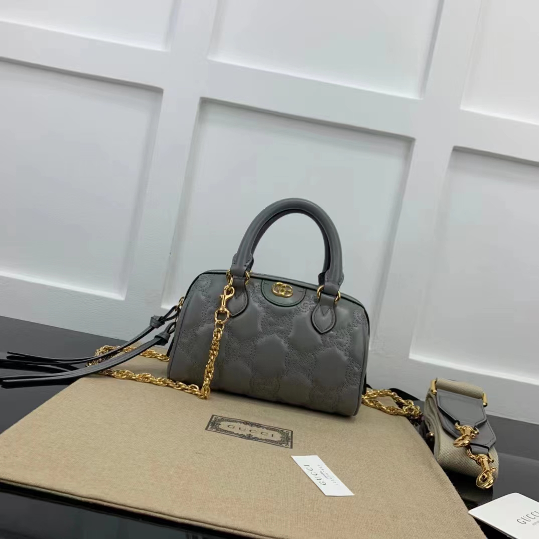 Gucci Women GG Matelassé Leather Top Handle Bag Dusty Grey Double G