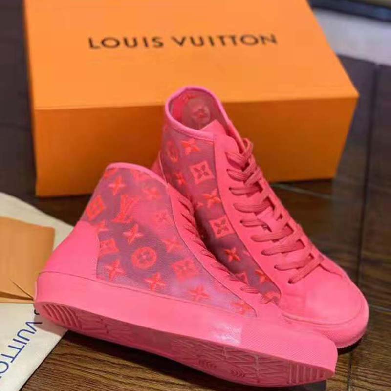 Louis Vuitton LV Unisex Tattoo Sneaker Boot in Damier Tartan Canvas with Monogram Embroidery-Pink