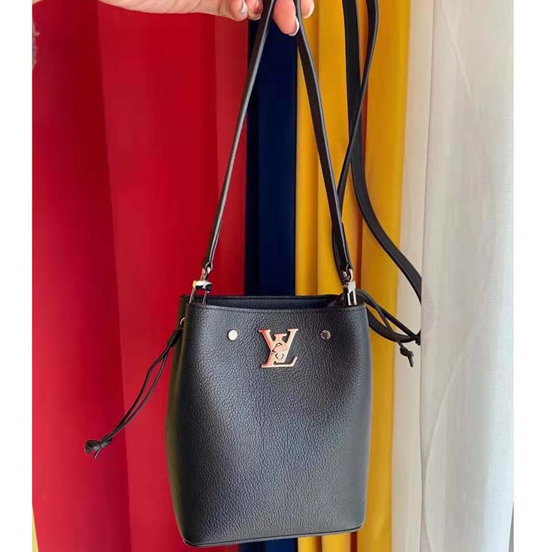 Louis Vuitton LV Women Nano Lockme Bucket Bag Black Grained Calf Leather
