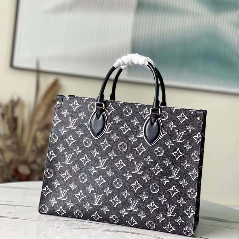Louis Vuitton LV Unisex Onthego MM Tote Black Monogram Coated Canvas