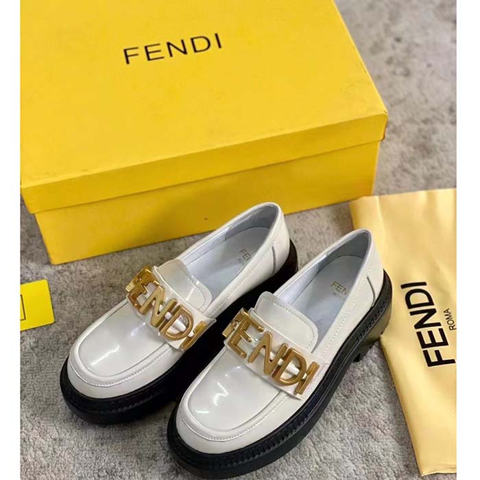 Fendi Women FF Fendigraphy White Leather Loafers 5 Cm Heel