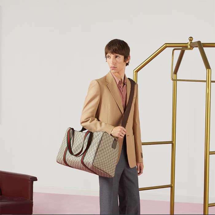 Gucci Unisex Large Duffle Bag Web Beige Ebony Soft GG Supreme Zip Closure