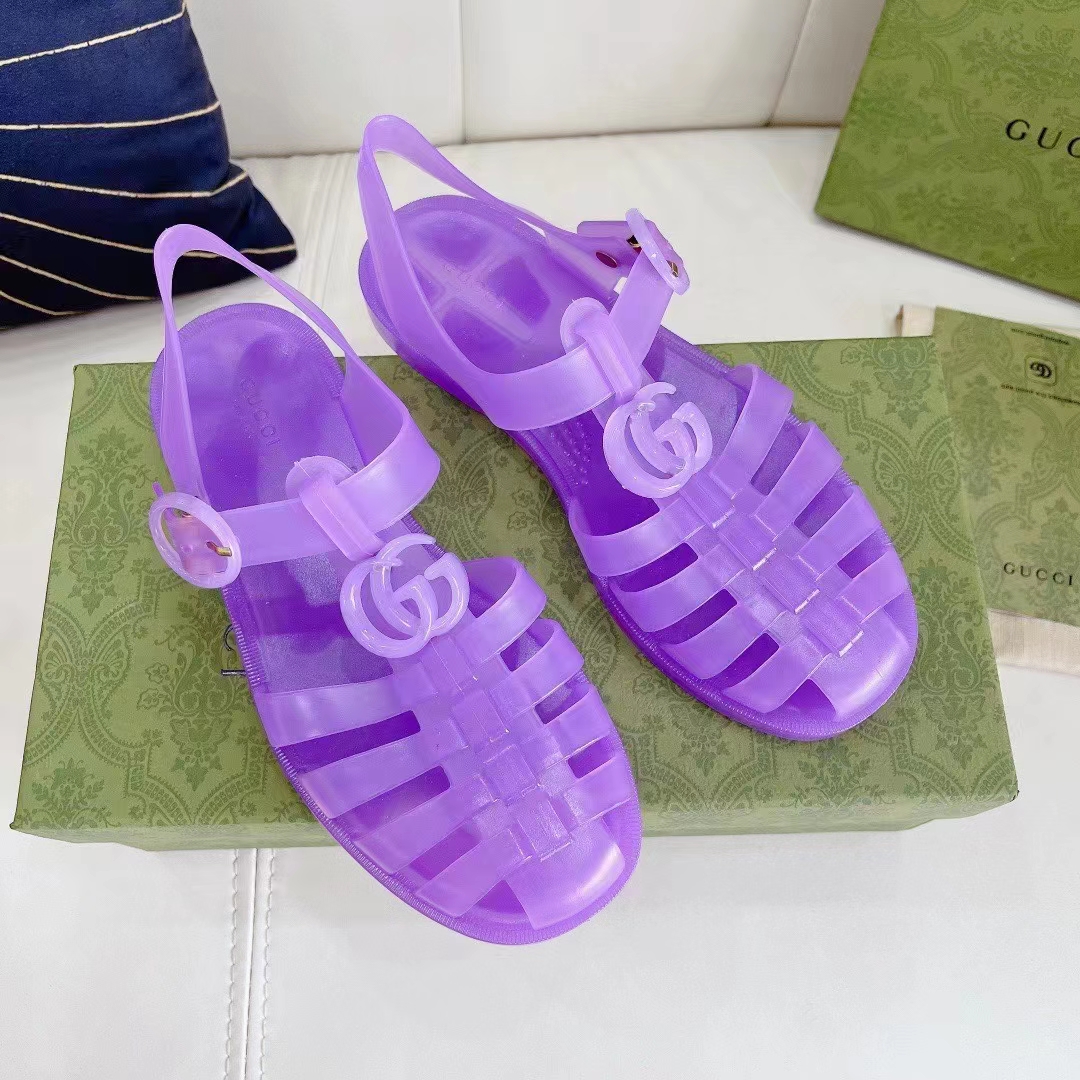 Gucci Unisex GG Sandal Double G Light Purple Rubber Sole Ankle Buckle Flat