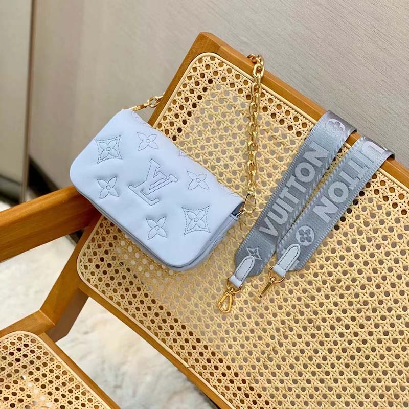 Louis Vuitton LV Women Wallet On Strap Bubblegram Blue Monogram Embroidered Quilted Calf
