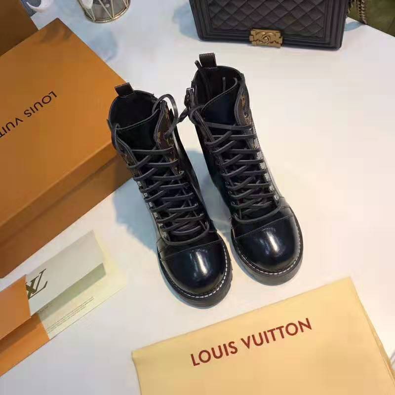 Louis Vuitton LV Women Star Trail Ankle Boot in Black Glazed Calf Leather with Monogram Canvas-Black