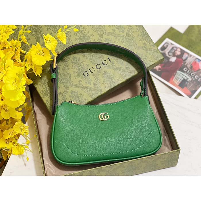 Gucci Women GG Aphrodite Shoulder Bag Double G Green Leather Zip Closure