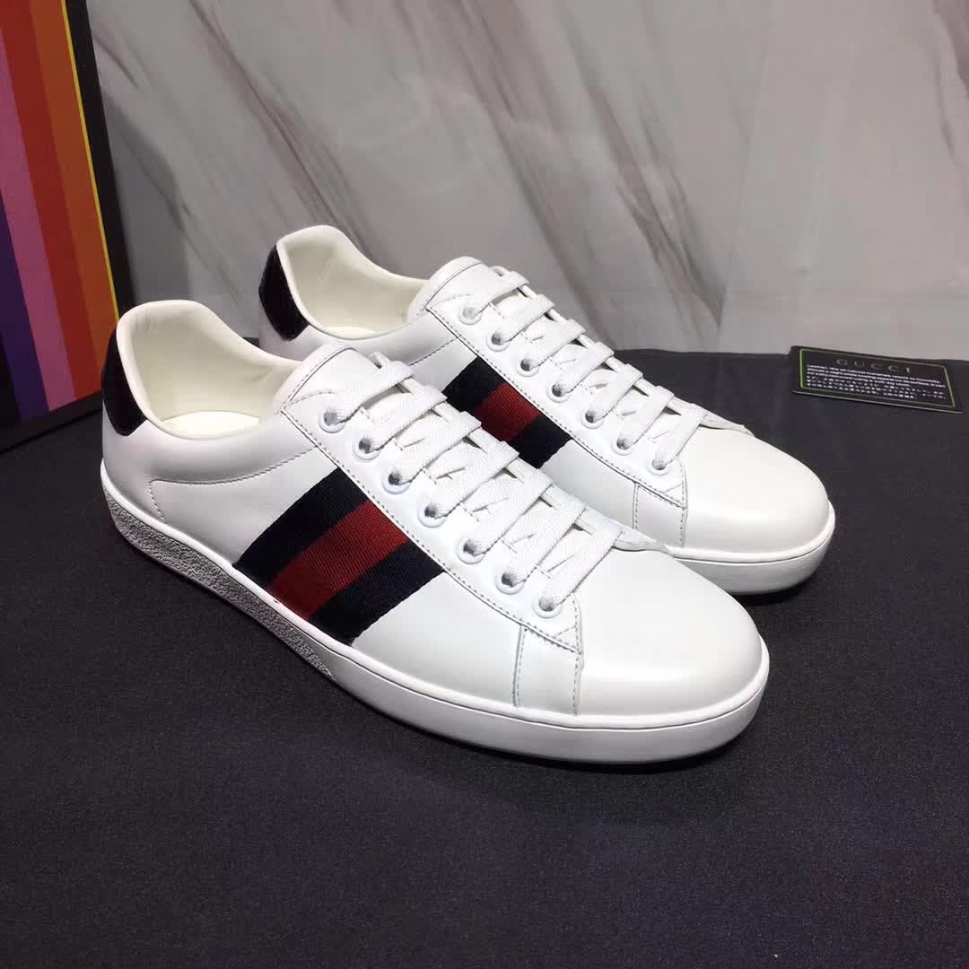 Gucci Men Ace Low-top Sneaker Shoes in Leather with Web-Navy