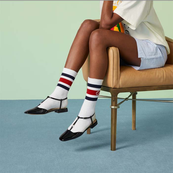 Gucci Women GG Double G Ballet Flat Black Patent Leather Square Toe