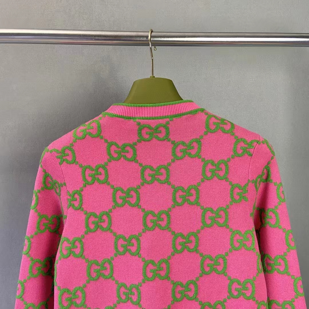 Gucci Women Cotton Silk Blend Cardigan Fuchsia Green Jacquard Crewneck Long Sleeves