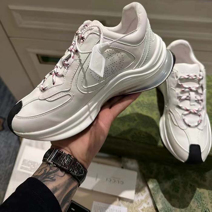 Gucci Unisex GG Run Sneaker White Leather Blue Mid Heel Red Interlocking G 6 Cm Heel