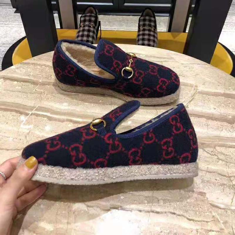 Gucci Unisex GG Wool Loafer in Blue and Red GG Wool