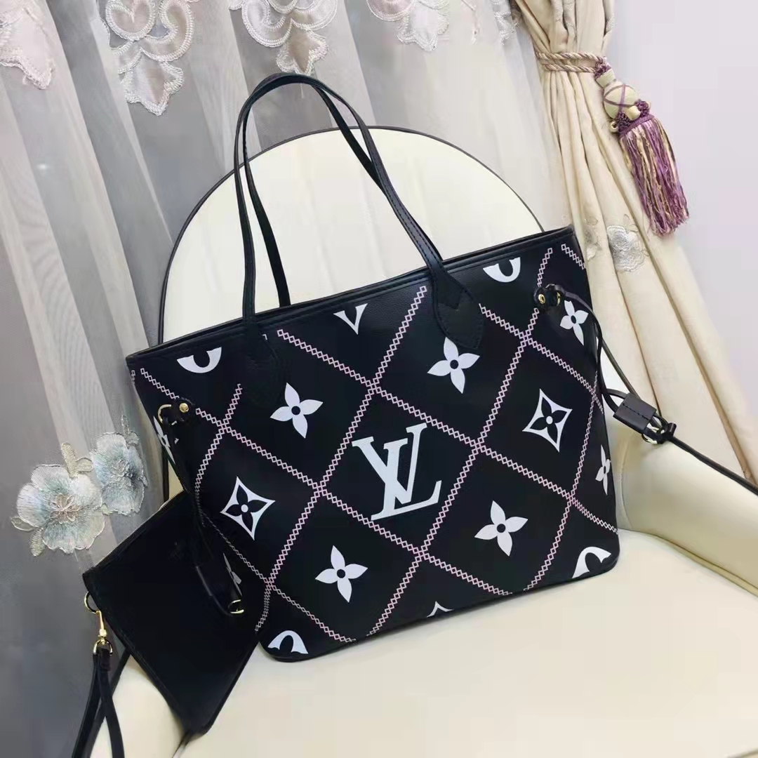 Louis Vuitton LV Women Neverfull MM Tote Black Pink Grained Cowhide Leather