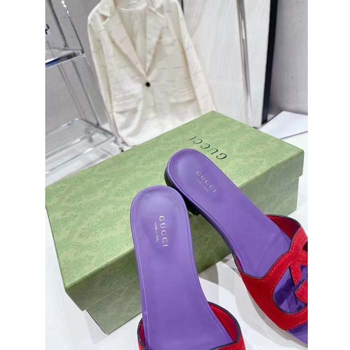 Gucci Unisex Interlocking G Cut-Out Slide Sandal Red Purple Suede Flat