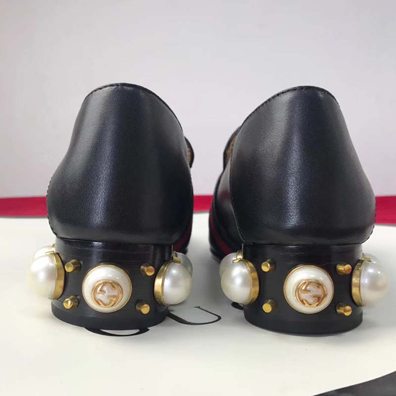 Gucci Women Leather Mid-Heel Loafer with Blue and Red Web-Black