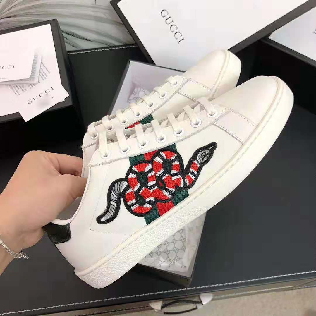 Gucci Men Ace Embroidered Sneaker with Embroidered Kingsnake Appliqué-White