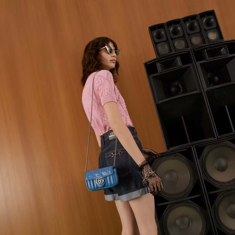 Gucci Women GG Marmont Super Mini Bag Blue Matelassé Leather Double G