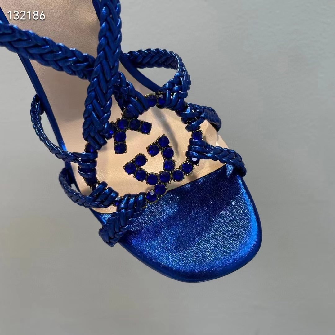 Gucci Women GG Cystal Interlocking G Sandal Blue Metallic Braided High 9 CM Heel