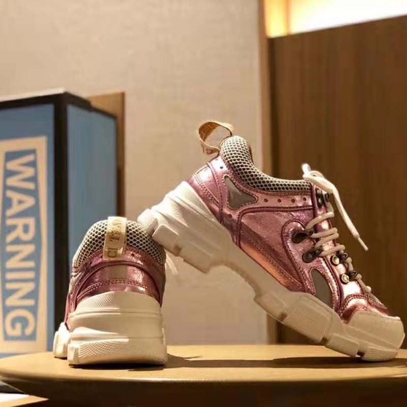 Gucci Unisex Flashtrek Sneaker with Removable Crystals in Pink Metallic Leather 5.6 cm Heel