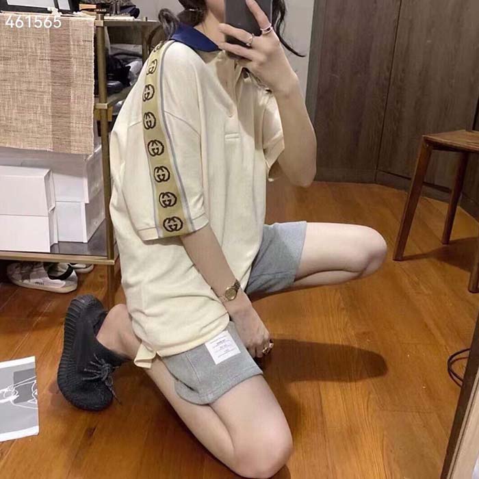 Gucci GG Women Polo with Interlocking G Stripe White Cotton