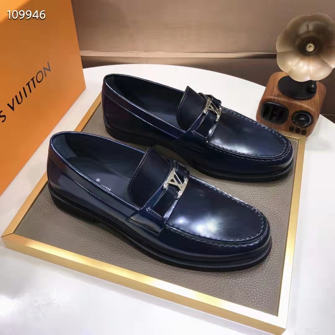 Louis Vuitton LV Men Major Loafer Navy Blue Glazed Calf Monogram Canvas