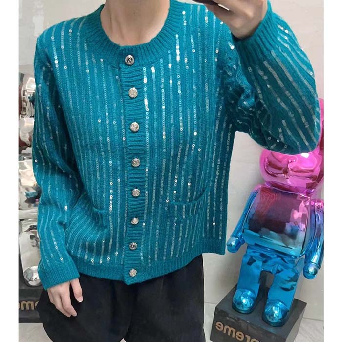 Gucci Women GG Mohair Silk Cardigan Teal Blend Sequin Embroidery Crewneck Long Sleeves