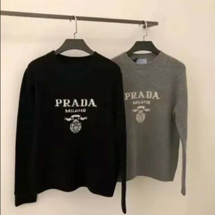 Prada Women Cashmere Wool Prada Logo Crew-Neck Sweater Black Menswear Fit