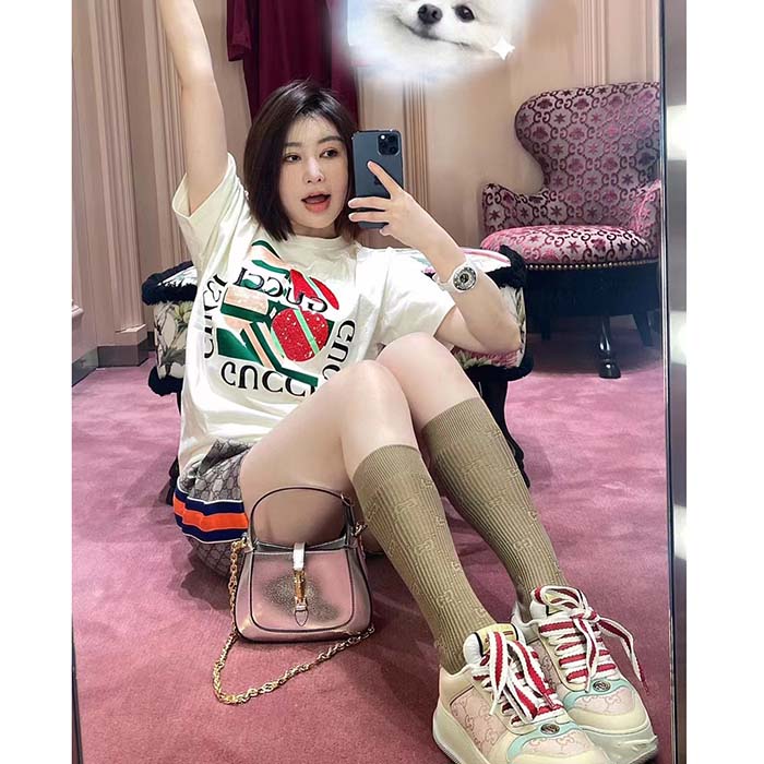 Gucci Women GG Cotton Jersey Printed T-Shirt Off White Cherry Sequin Embroidery