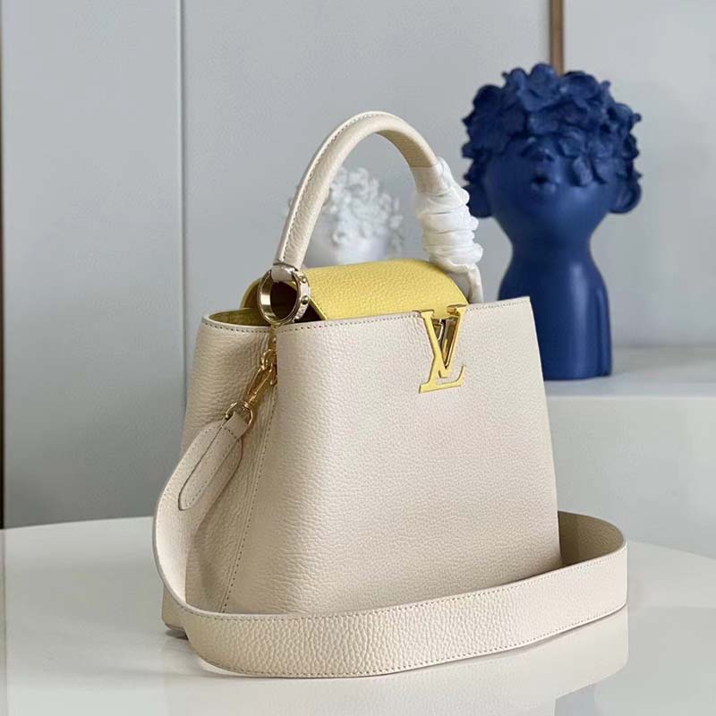 Louis Vuitton LV Women Capucines MM Handbag Yellow Beige Taurillon Leather Canvas