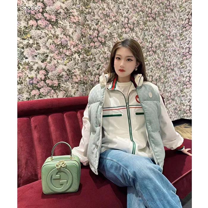 Gucci Women GG Cotton Canvas Padded Gilet Light Blue High Neck Interlocking G Sleeveless