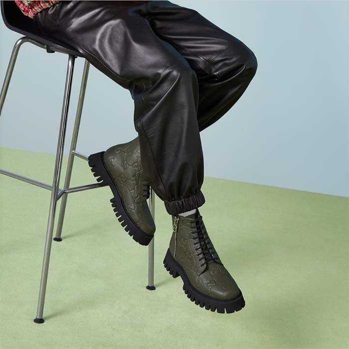 Gucci Unisex GG Leather Boot Dark Green Rubber Lug Sole Lace-Up Interlocking G Low-Heel