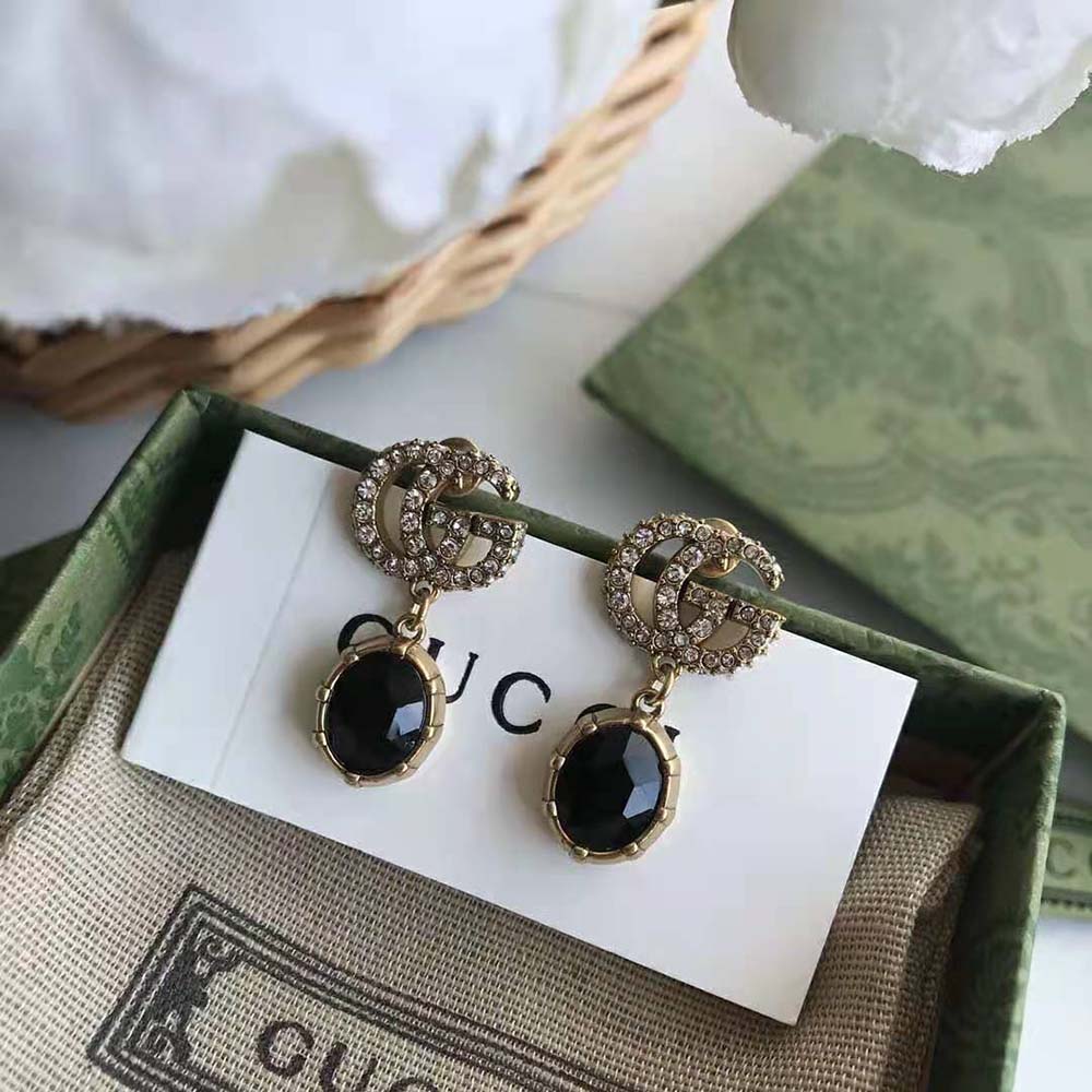 Gucci Women Double G Earrings with Black Crystals